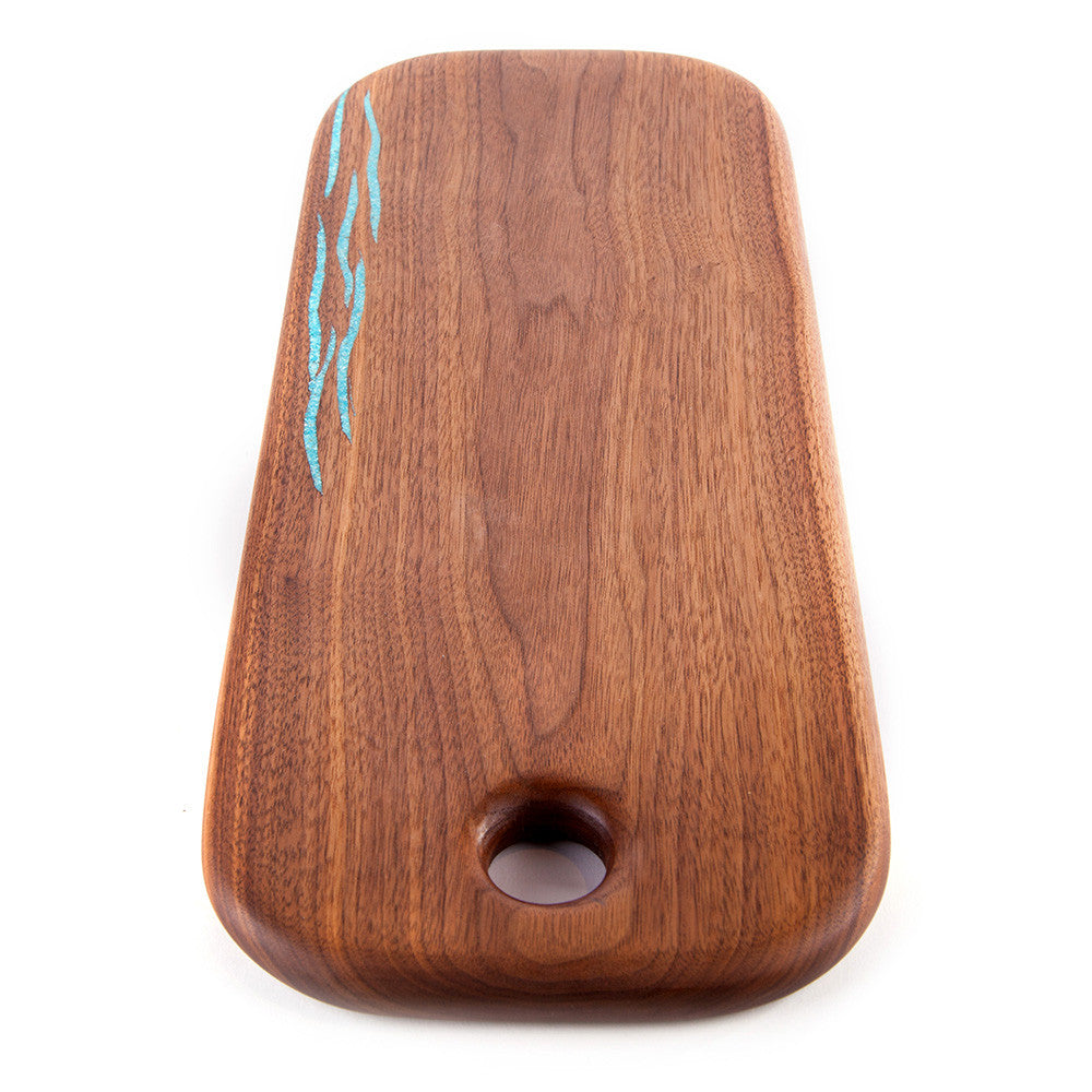 Handcrafted mesquite bread board with turquoise inlay.-top