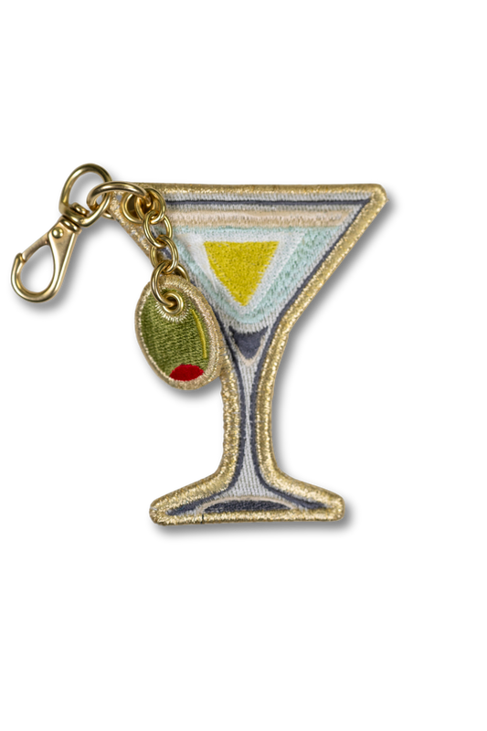 Wild Thread Studio embroidered Martini charm with dangling olive garnish charm in shimmering gold metallic thread and solid brass hardware