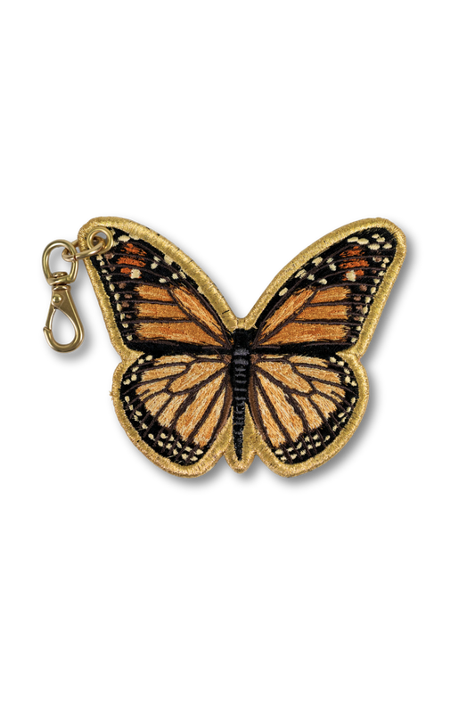 Wild Thread Studio embroidered Monarch Butterfly charm in orange gold and black with solid brass hardware