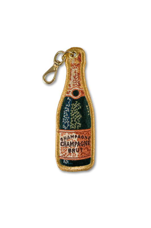Wild Thread Studio embroidered Champagne Bottle charm in Champagne with gold border and solid brass hardware