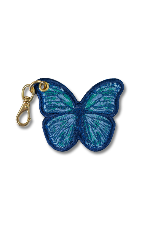 Wild Thread Studio embroidered Blue Morpho Butterfly charm in shimmering blue and teal with solid brass hardware