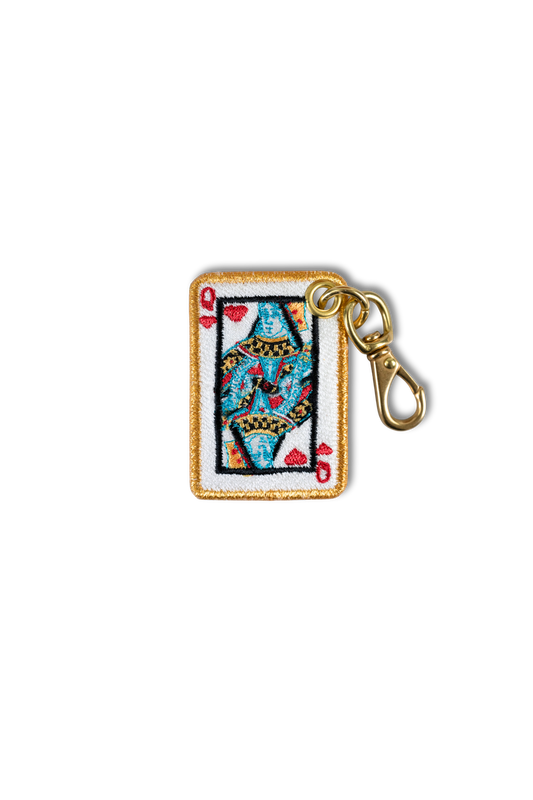 Wild Thread Studio embroidered Queen of Hearts playing card charm in red blue and gold with solid brass hardware