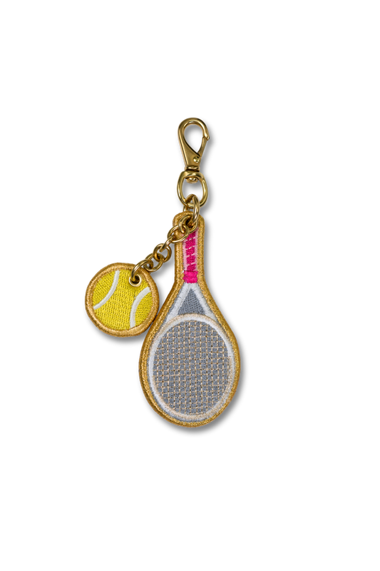 Wild Thread Studio embroidered Tennis Racket charm with dangling tennis ball in grey white gold and pink with solid brass hardware