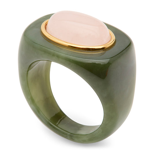 Lucas Jack oval stone rectangle resin ring in jade resin with pink crystal, size 7