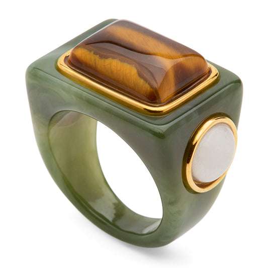 Lucas Jack rectangle and side stone resin ring in jade resin with tiger eye, size 7
